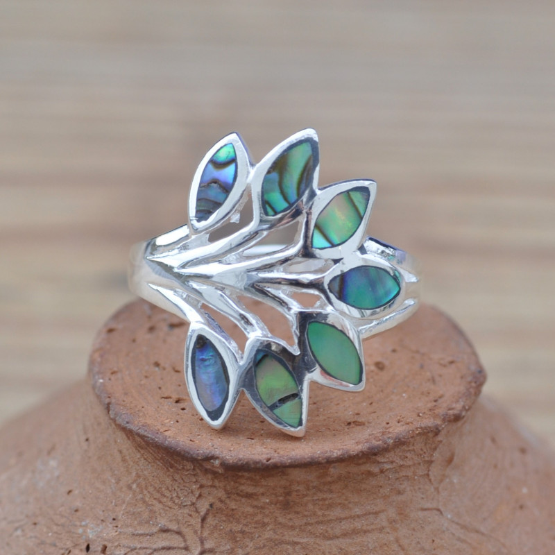 Bague argent aux 7 feuilles en coquillage d'Abalone (vert) (bleu)
