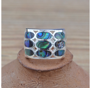 Bague large ajourée en argent et Abalone (vert) (bleu)