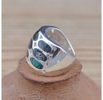 Bague large ajourée en argent et Abalone (vert) (bleu) T53