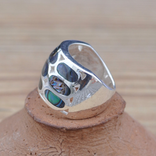 Bague large ajourée en argent et Abalone (vert) (bleu) T53