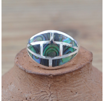 Bague bombée graphique en argent et Abalone (vert) (bleu)