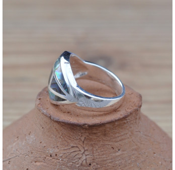 Bague bombée graphique en argent et Abalone (vert) (bleu) T53/58