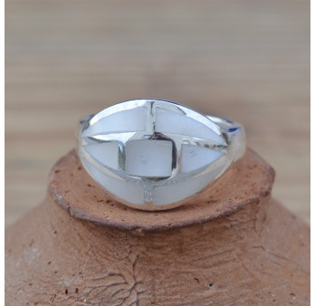 Bague bombée graphique en argent et Nacre (blanc)