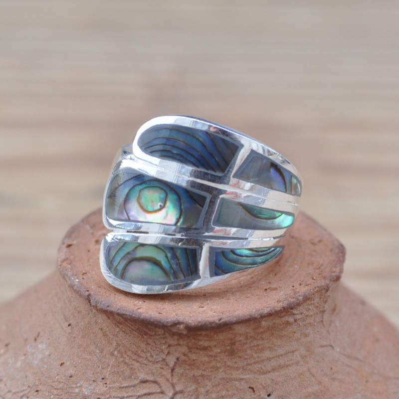 Bague aile en argent et Abalone (vert) (bleu)
