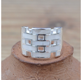 Anneau graphique en argent et Nacre (blanc)