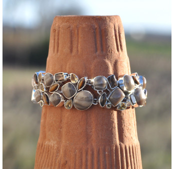 Gros bracelet argent 42 pierres en pierre de silex citrine oeil de tigre quartz fumé