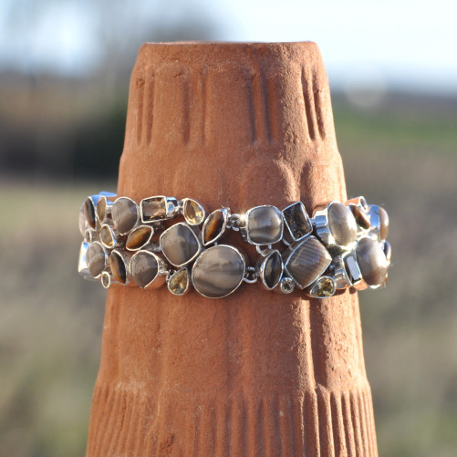 Gros bracelet argent 42 pierres en pierre de silex citrine oeil de tigre quartz fumé