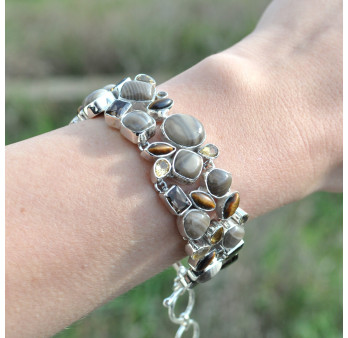 Gros bracelet argent 42 pierres en pierre de silex citrine oeil de tigre quartz fumé