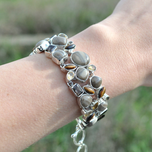 Gros bracelet argent 42 pierres en pierre de silex citrine oeil de tigre quartz fumé