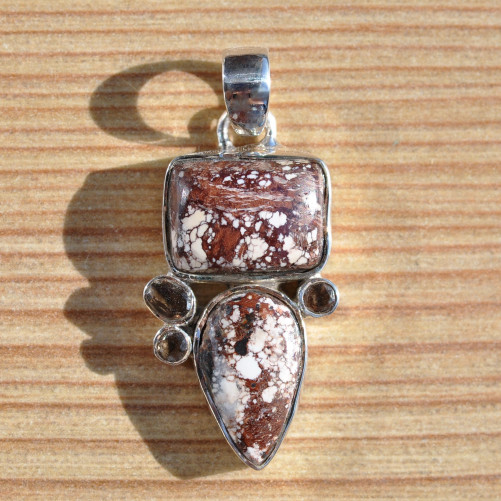 Pendentif argent 5 pierres MAGNESITE et QUARTZ fumé (brun)