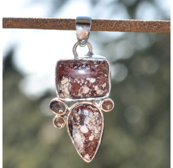 Pendentif argent 5 pierres MAGNESITE et QUARTZ fumé (brun)