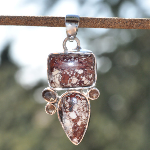 Pendentif argent 5 pierres MAGNESITE et QUARTZ fumé (brun)