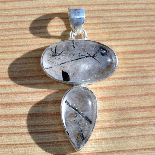 Pendentif argent 2 pierres en QUARTZ avec tourmaline noire