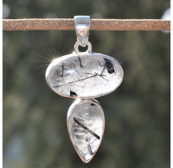 Pendentif argent 2 pierres en QUARTZ avec tourmaline noire