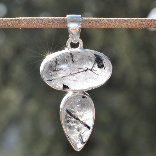 Pendentif argent 2 pierres en QUARTZ avec tourmaline noire