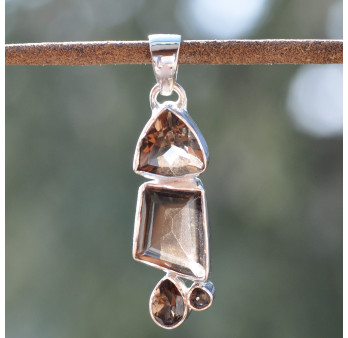 Pendentif argent 4 pierres en Quartz fumé