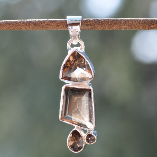 Pendentif argent 4 pierres en Quartz fumé