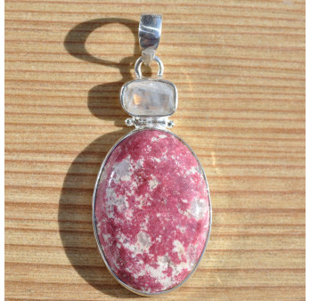 Gros pendentif argent 2 pierres en Thulite rose et Pierre de lune
