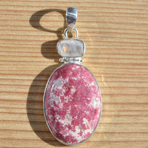 Gros pendentif argent 2 pierres en Thulite rose et Pierre de lune