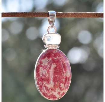 Gros pendentif argent 2 pierres en Thulite rose et Pierre de lune