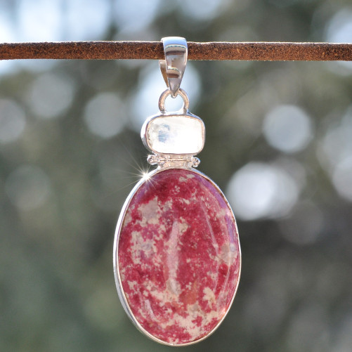 Gros pendentif argent 2 pierres en Thulite rose et Pierre de lune