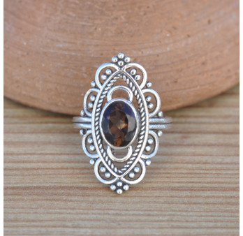 Bague fine bohème Quartz fumé et argent ciselé T52