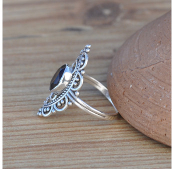 Bague fine bohème Quartz fumé et argent ciselé T52