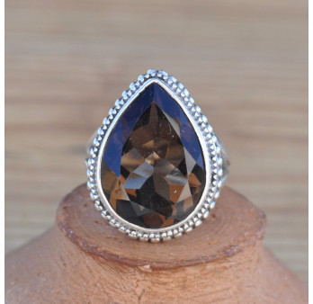 Grosse bague argent ciselé et pierre facettée en Quartz fumé T57