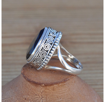 Grosse bague argent ciselé et pierre facettée en Quartz fumé T57