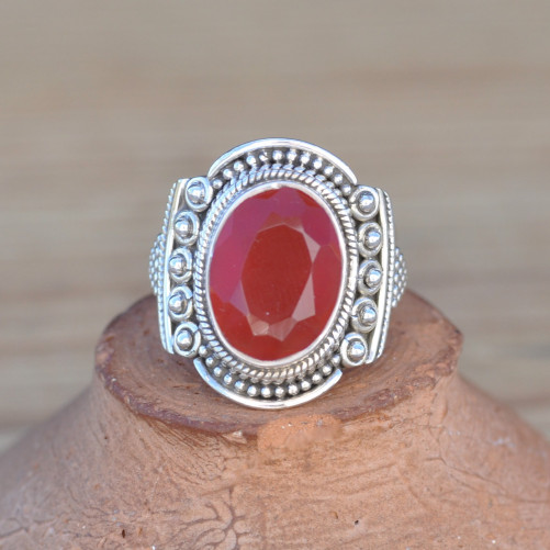 Bague ethnique en argent et pierre naturelle Cornaline (orange)