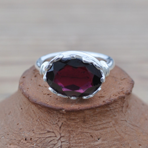 Bague couronne en argent et pierre naturelle Grenat (rouge)
