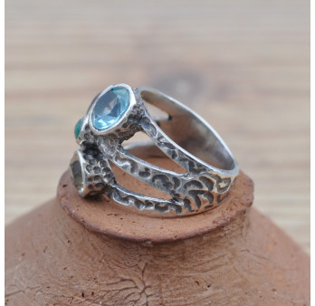 Bague en argent martelé et 4 pierres rondes facettées (multicolore) T53