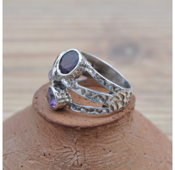 Bague en argent martelé et 4 pierres rondes facettées (multicolore) T53