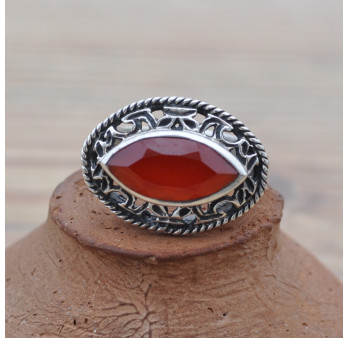 Bague vintage navette pierre Cornaline et argent ciselé T55