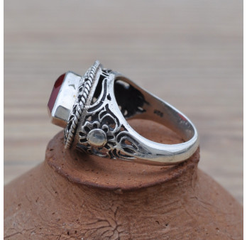 Bague vintage navette pierre Cornaline et argent ciselé T54