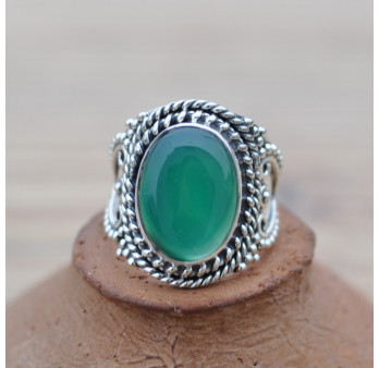 Bague massive ethnique argent et Agate verte ovale (vert)