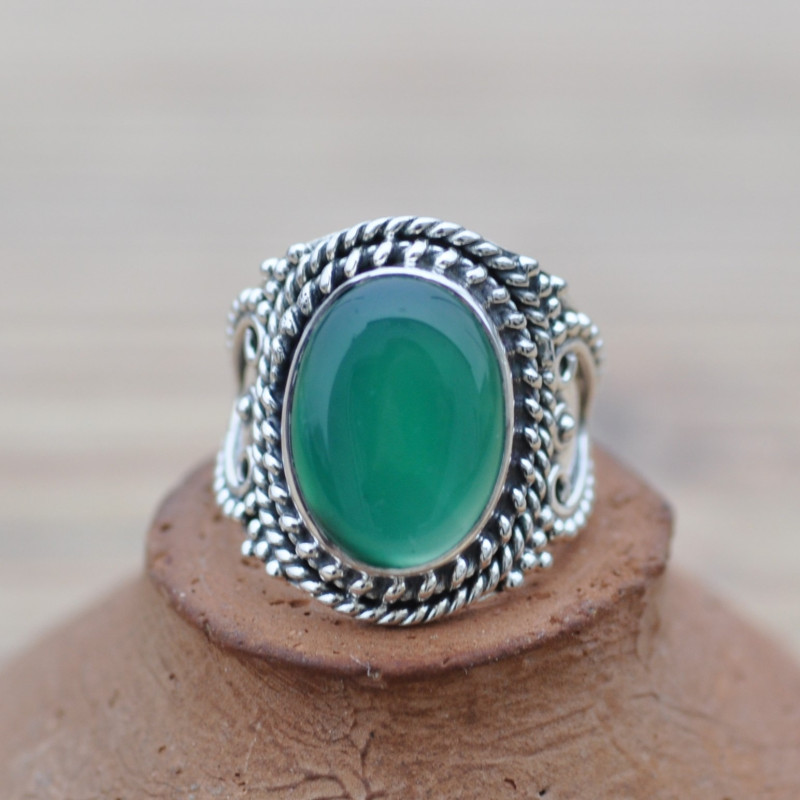 Bague massive ethnique argent et Agate verte ovale (vert) T54