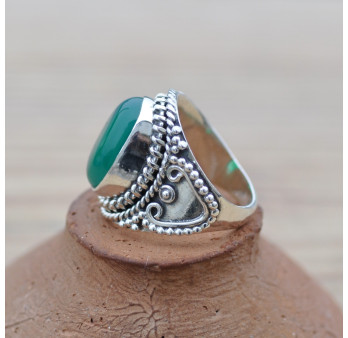 Bague massive ethnique argent et Agate verte ovale (vert) T54