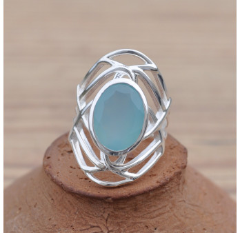Belle bague Calcédoine argent ajouré stylisé (bleu)
