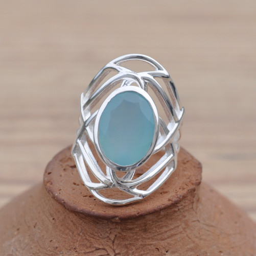 Belle bague Calcédoine argent ajouré stylisé (bleu)