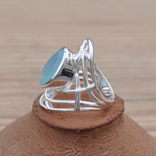 Belle bague Calcédoine argent ajouré stylisé (bleu) T52/54/57