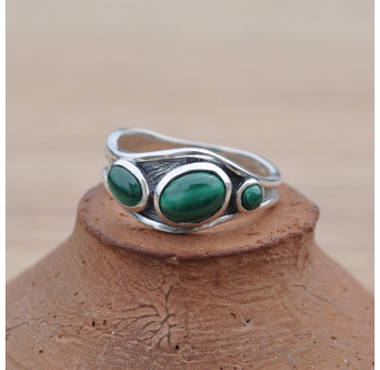 Bague asymétrique argent et 3 pierres Malachite T60