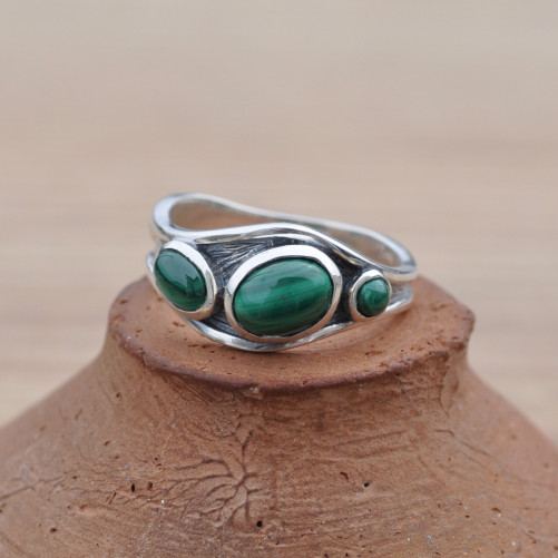 Bague asymétrique argent et 3 pierres Malachite T60