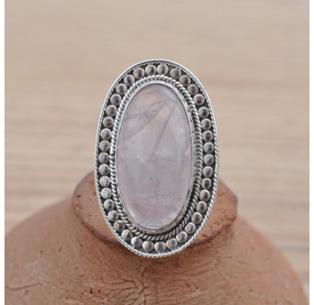 Longue bague ethnique argent & pierre Quartz rose oblongue T55
