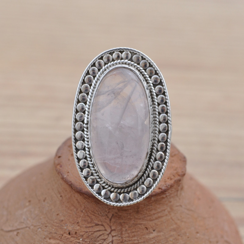 Longue bague ethnique argent & pierre Quartz rose oblongue T54