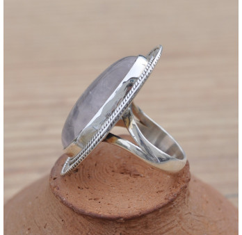 Longue bague ethnique argent & pierre Quartz rose oblongue T54