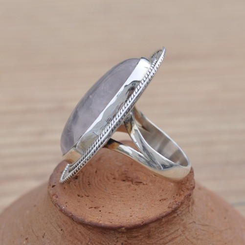 Longue bague ethnique argent & pierre Quartz rose oblongue T54