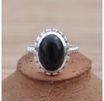 Bague haute argent strié et Onyx bombé (noir)