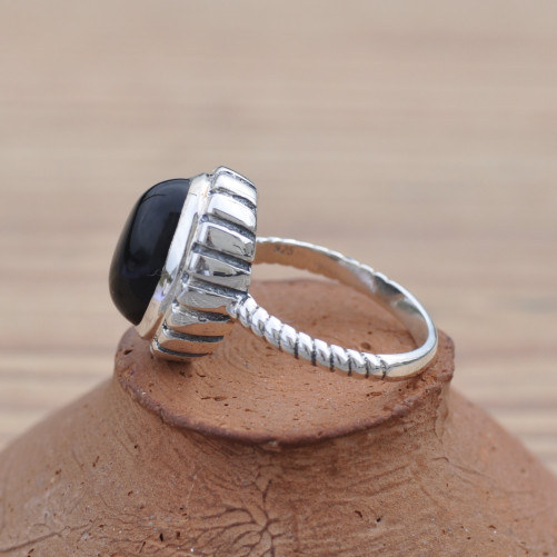 Bague haute argent strié et Onyx bombé (noir) T56