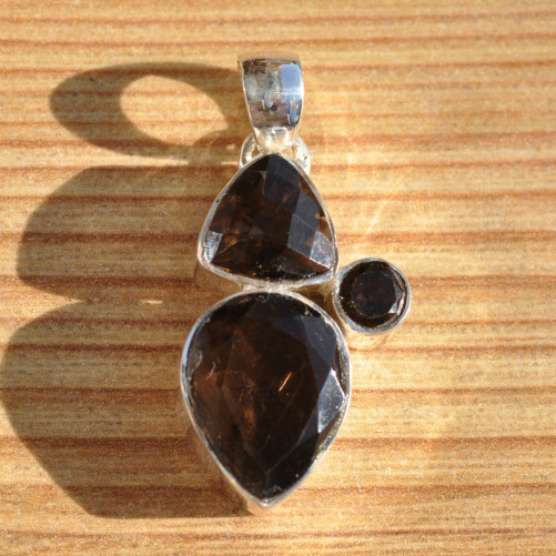 Pendentif argent 3 pierres en Quartz fumé brun